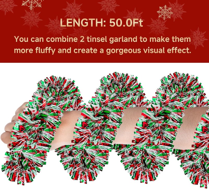 Qudoustar 50Ft Christmas Tinsel Garland - Shiny Metallic Tinsel Twist Hanging Garland for Christmas Tree Home Stairs Railing Front Door Mantle Fireplace Indoor Outdoor Holiday Party Decor (Red Green White) - Image 2